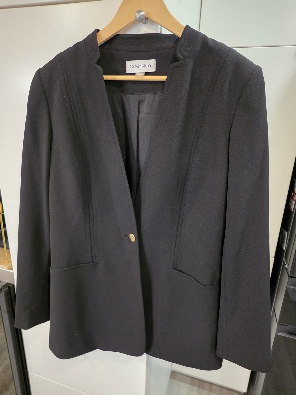 Calvin Klein Black Collarless One-Button Blazer Structured Career Jacket Size 16